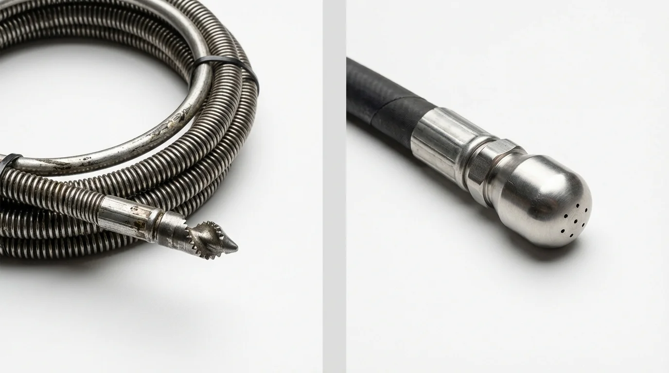 Drain snake cable and hydro jetting nozzle used for drain cleaning in Herscher, IL