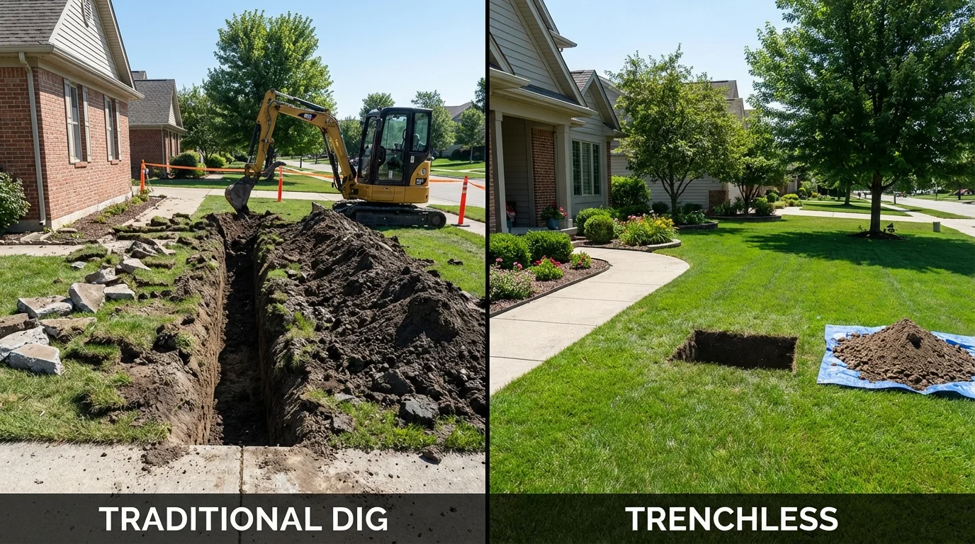 Trenchless sewer repair with minimal yard damage versus traditional excavation in Herscher, IL