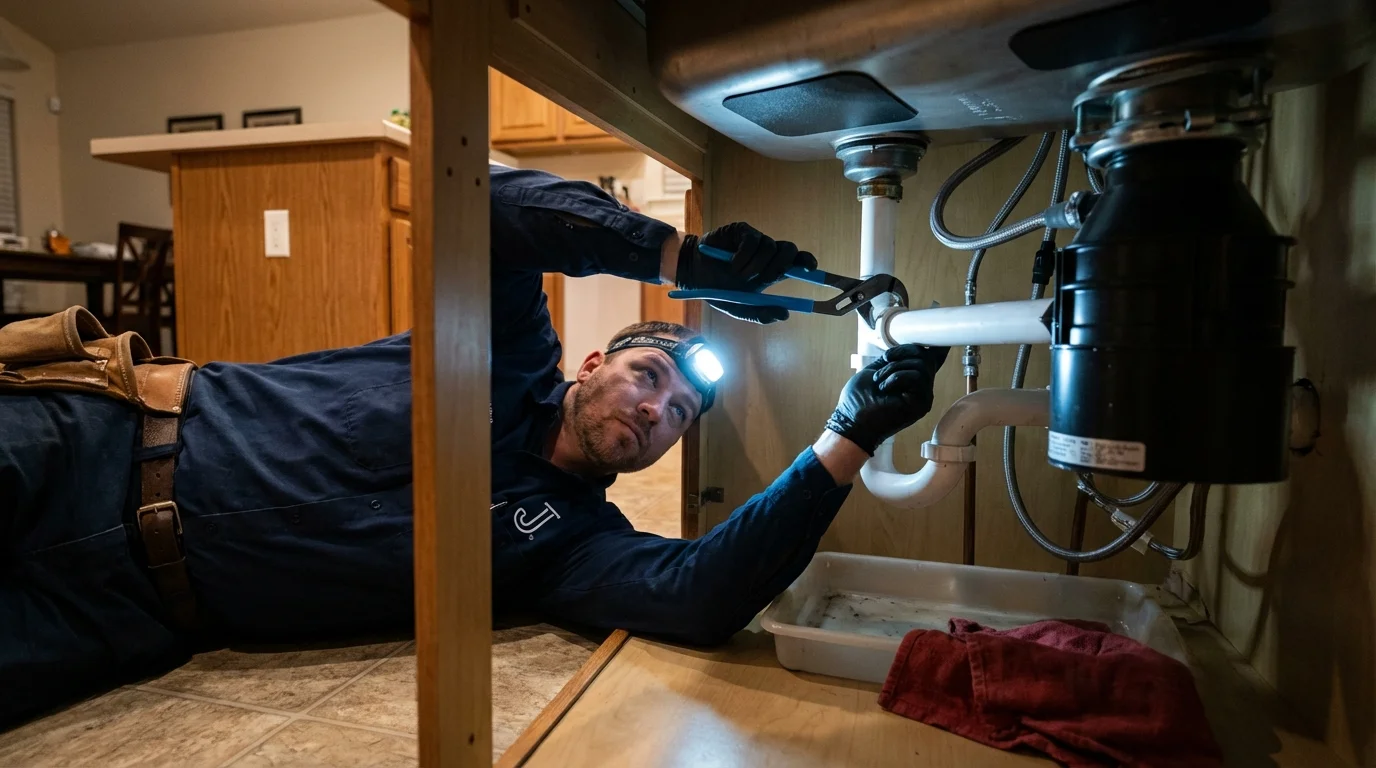 P-trap and supply line connections under a kitchen sink showing a common leak point in Herscher, IL